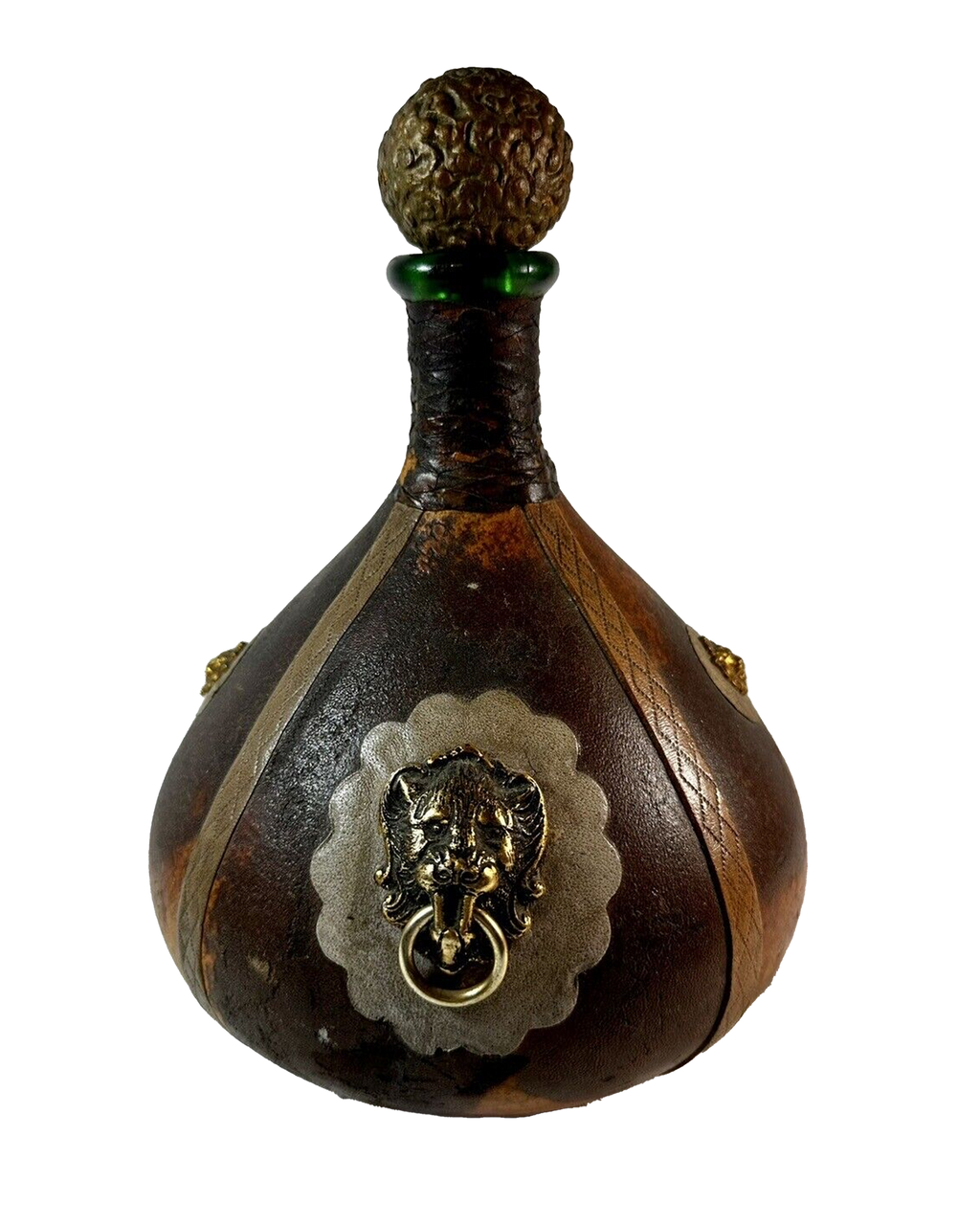 Italian Vintage online Leather Glass Bottle Lion Heads, Chains, Knights 3 sided - Italy