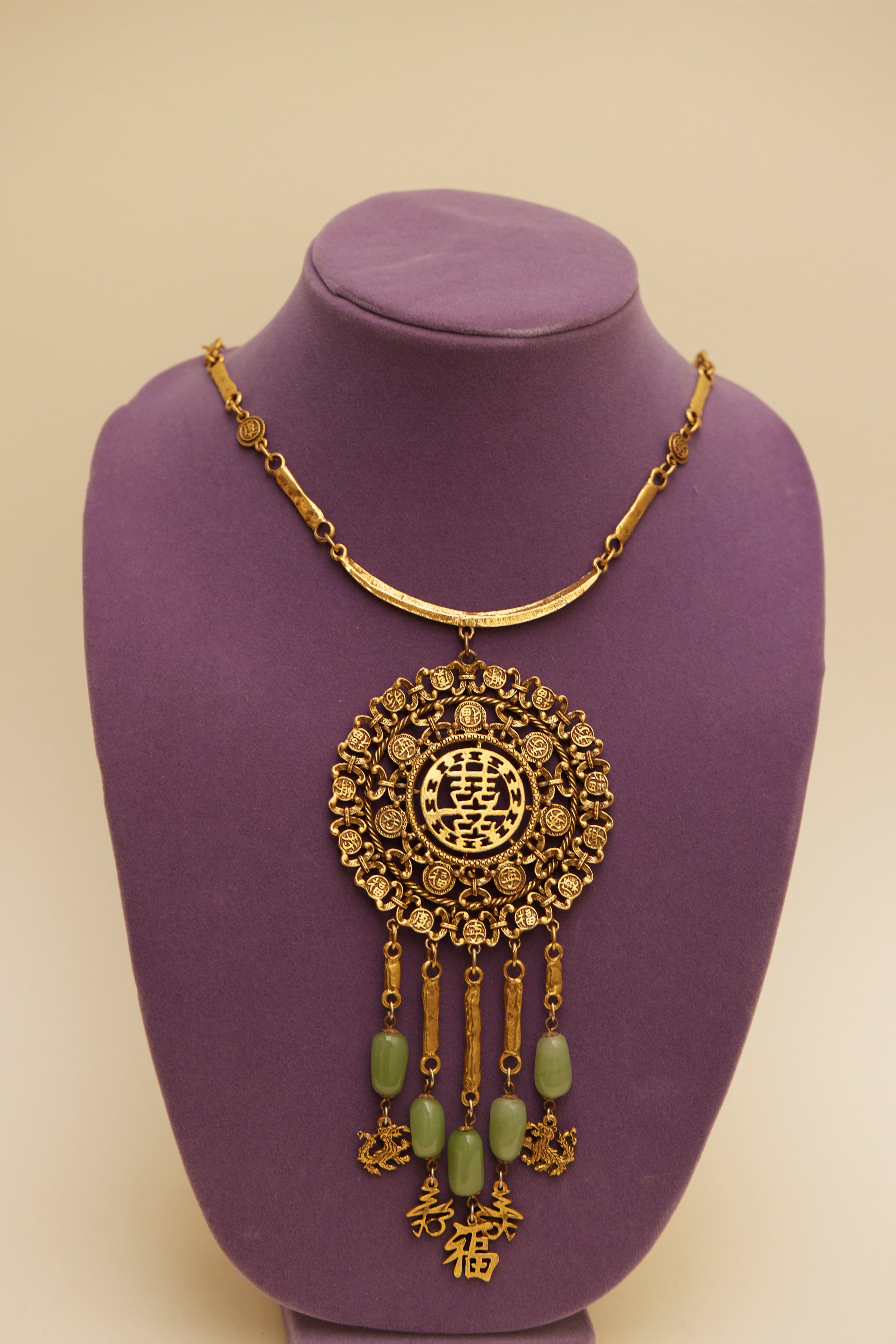 Goldette Necklace authentic Large Pendant Gold Plate Asian Inspired Oriental Necklace